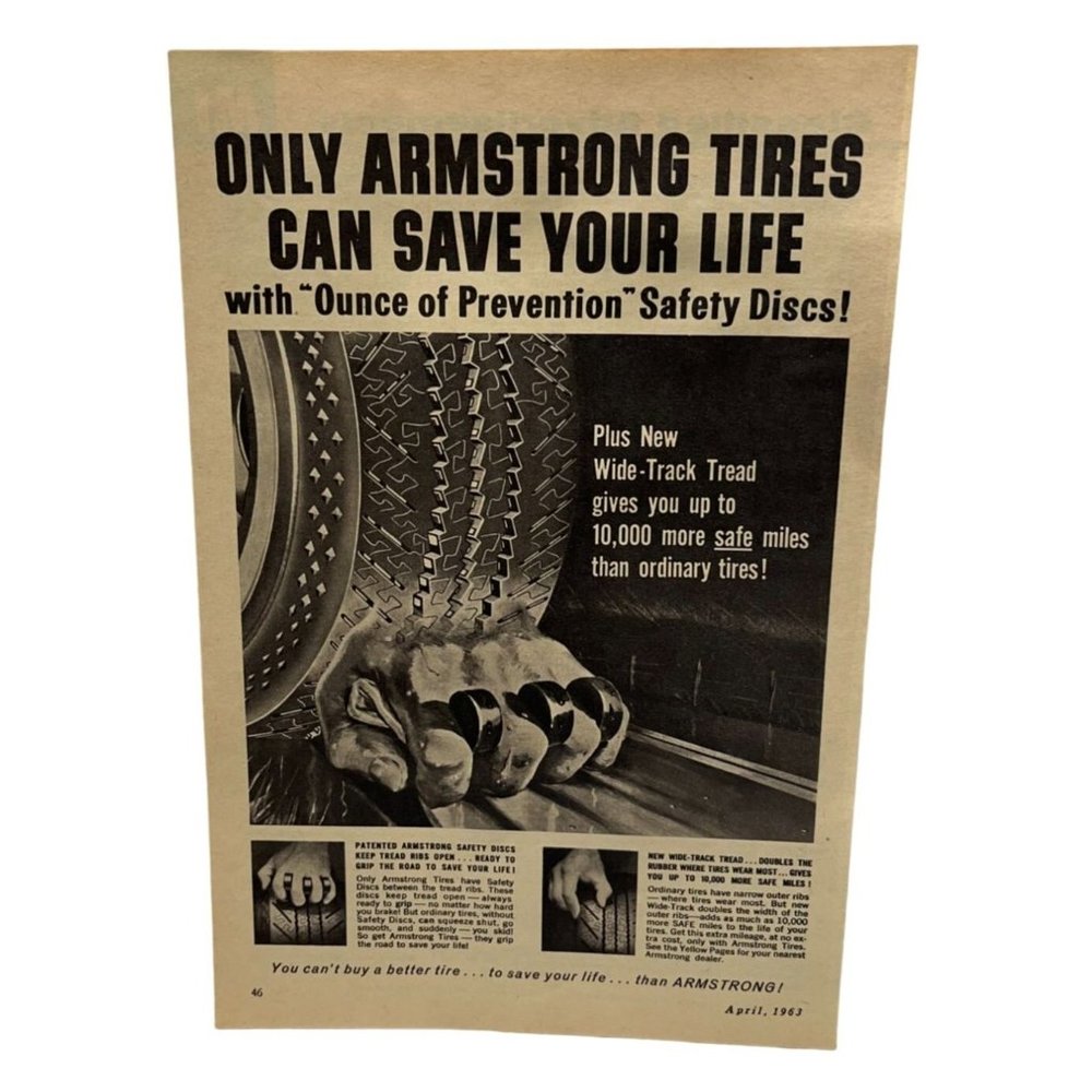 Vintage 1963 Print Ad Armstrong Tires Wide Track Tread Original Ad